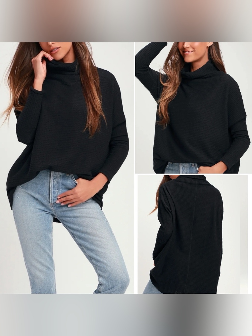 Free People We The Free Kitty Thermal Mock Neck Top in Black Womens XS Oversized